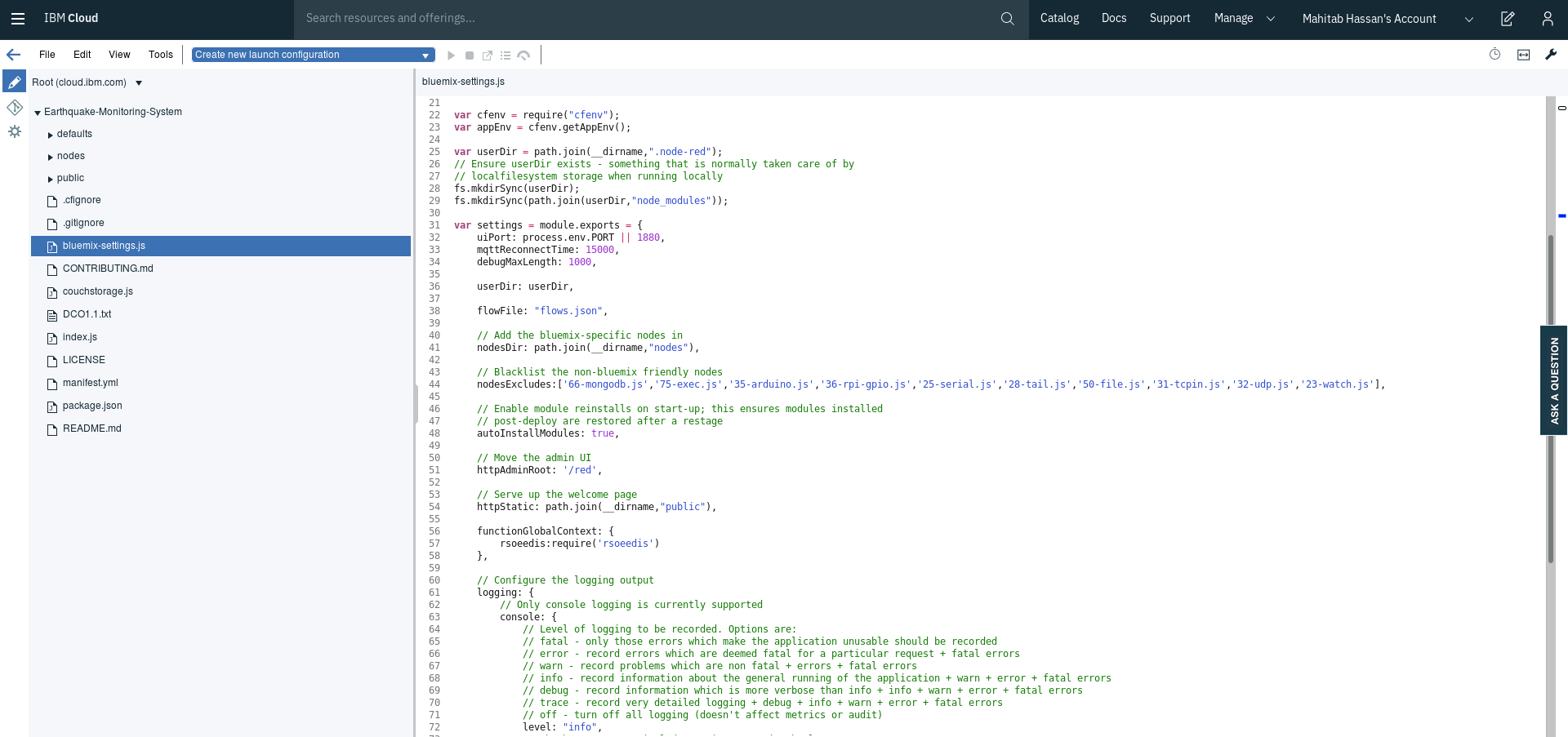 Screen capture of the bluemix-setting.js file