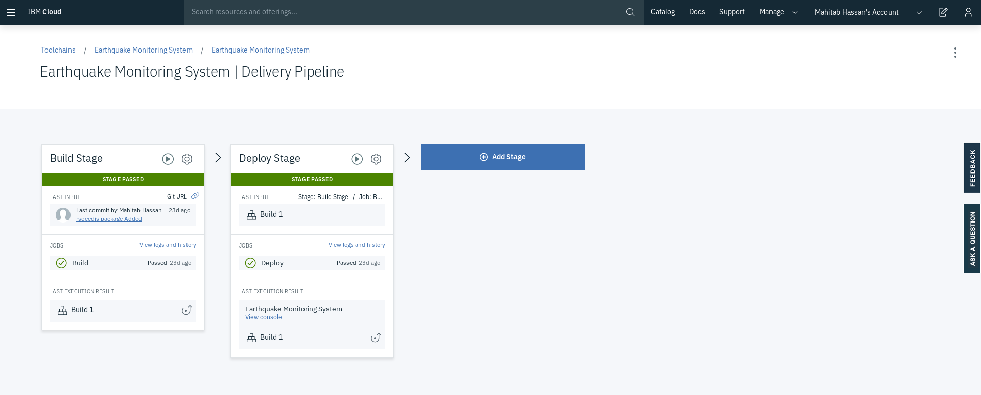 Screen capture of the Delivery Pipeline card and showing the Deploy stage