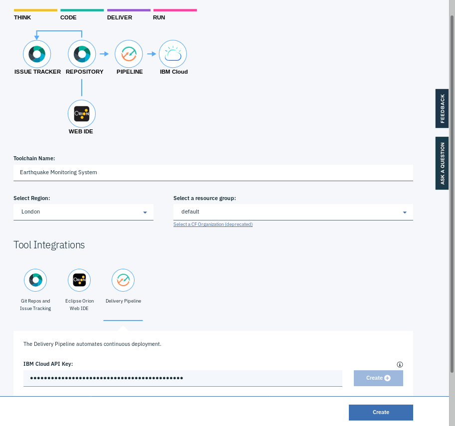 Screen capture of continuous delivery settings for an IBM Cloud app