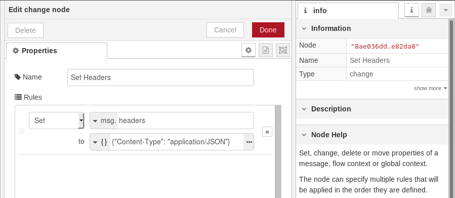 Screen capture of Node-RED change node