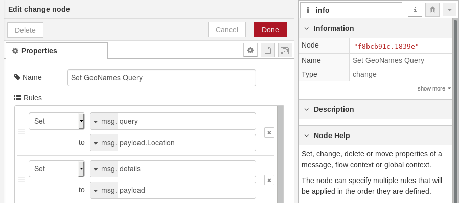 Screen capture of a Node-RED change node properties