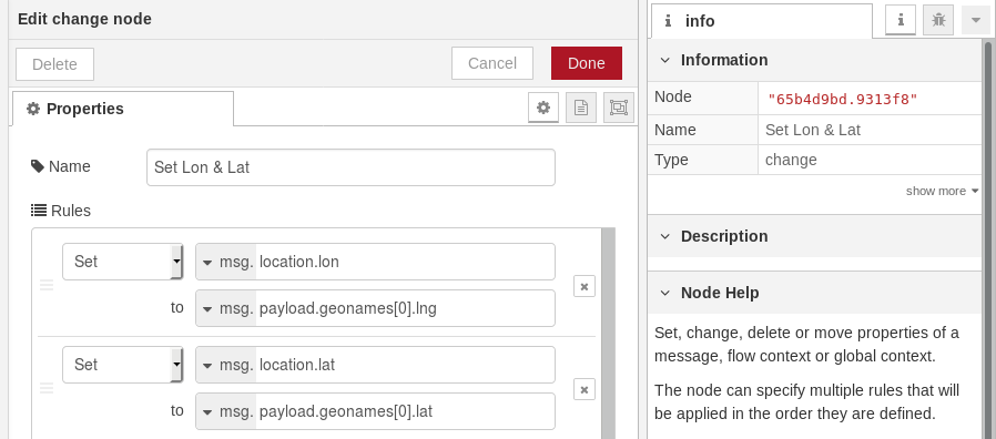 Screen capture of another change node