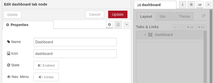 Screen capture of the Dashboard tab in Node-RED flow