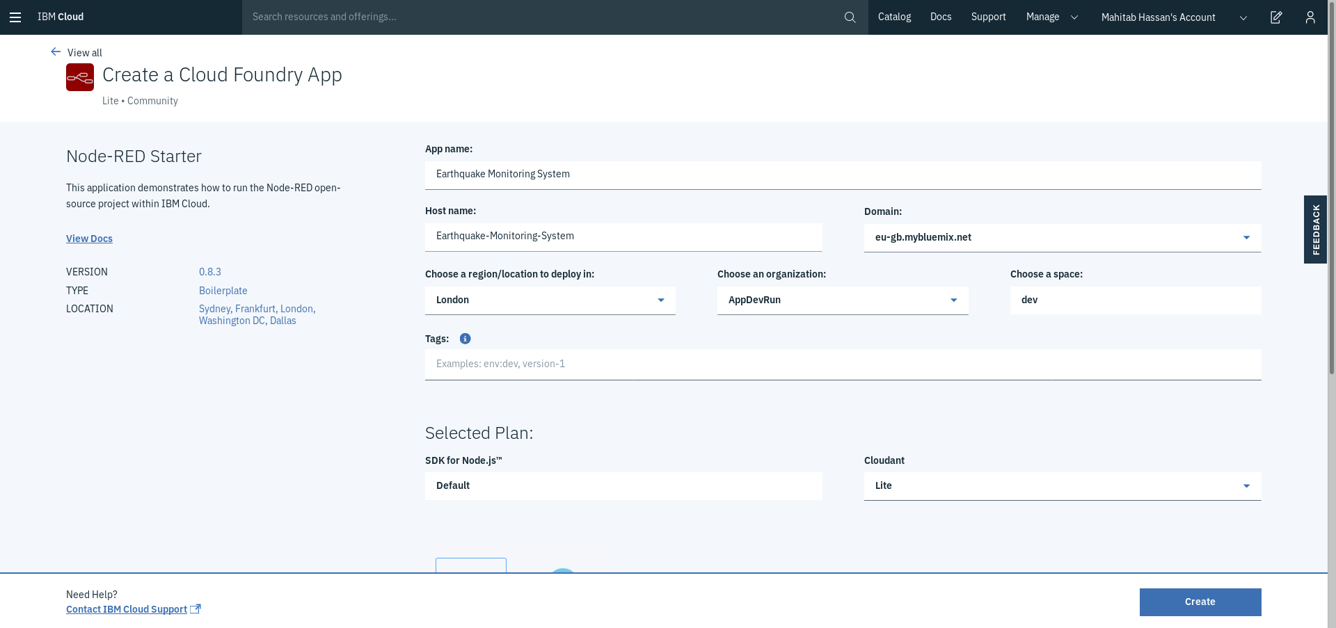 Screen capture of Node-RED Starter application in IBM Cloud