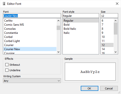The editor font settings dialog.