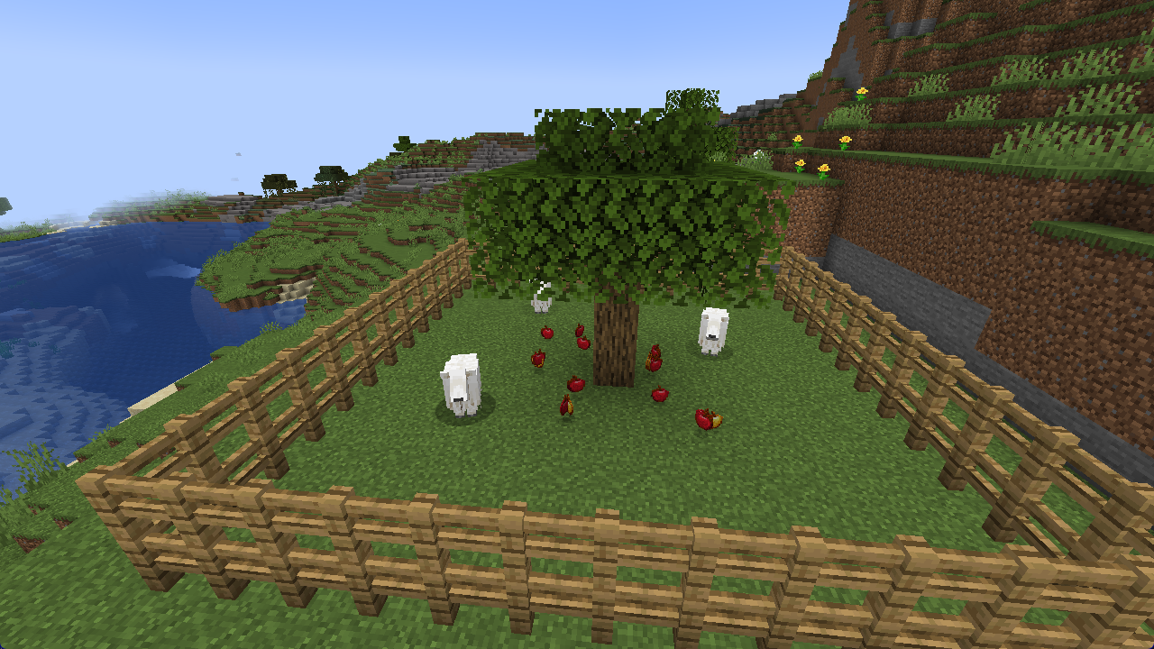 Goats fenced in around an oak, apples on the grass