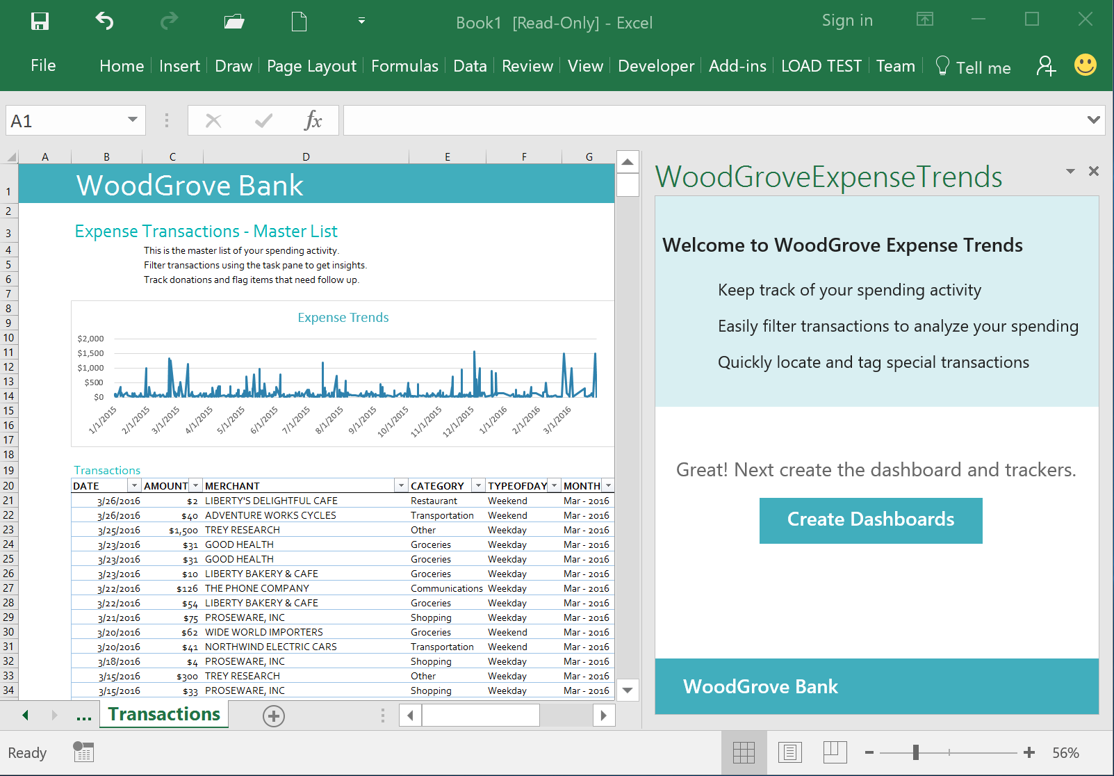 WoodGrove Bank Expense Trends Add-in - Transactions sheet