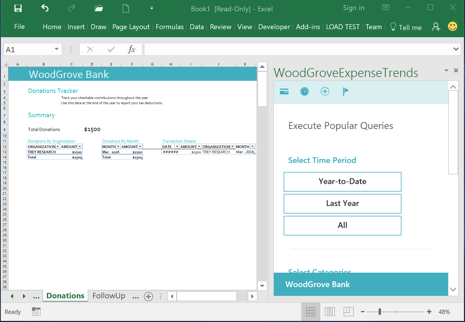 WoodGrove Bank Expense Trends Add-in - Donations Tracker