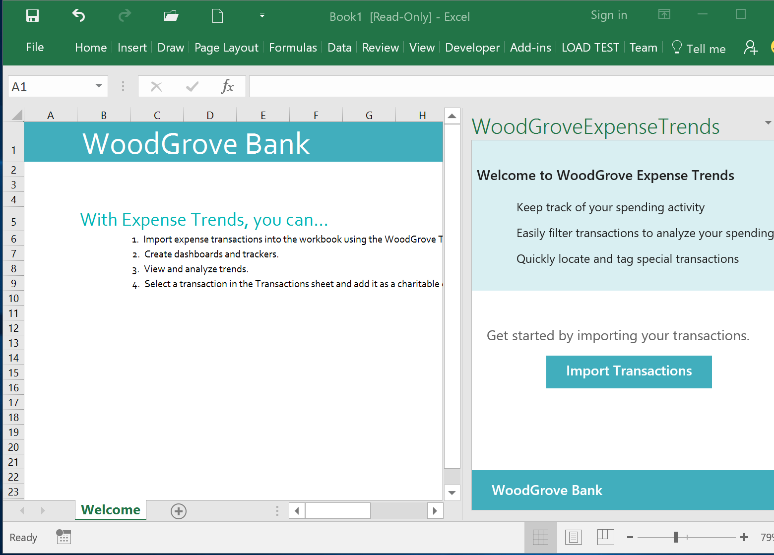 WoodGrove Bank Expense Trends Add-in - Initial taskpane