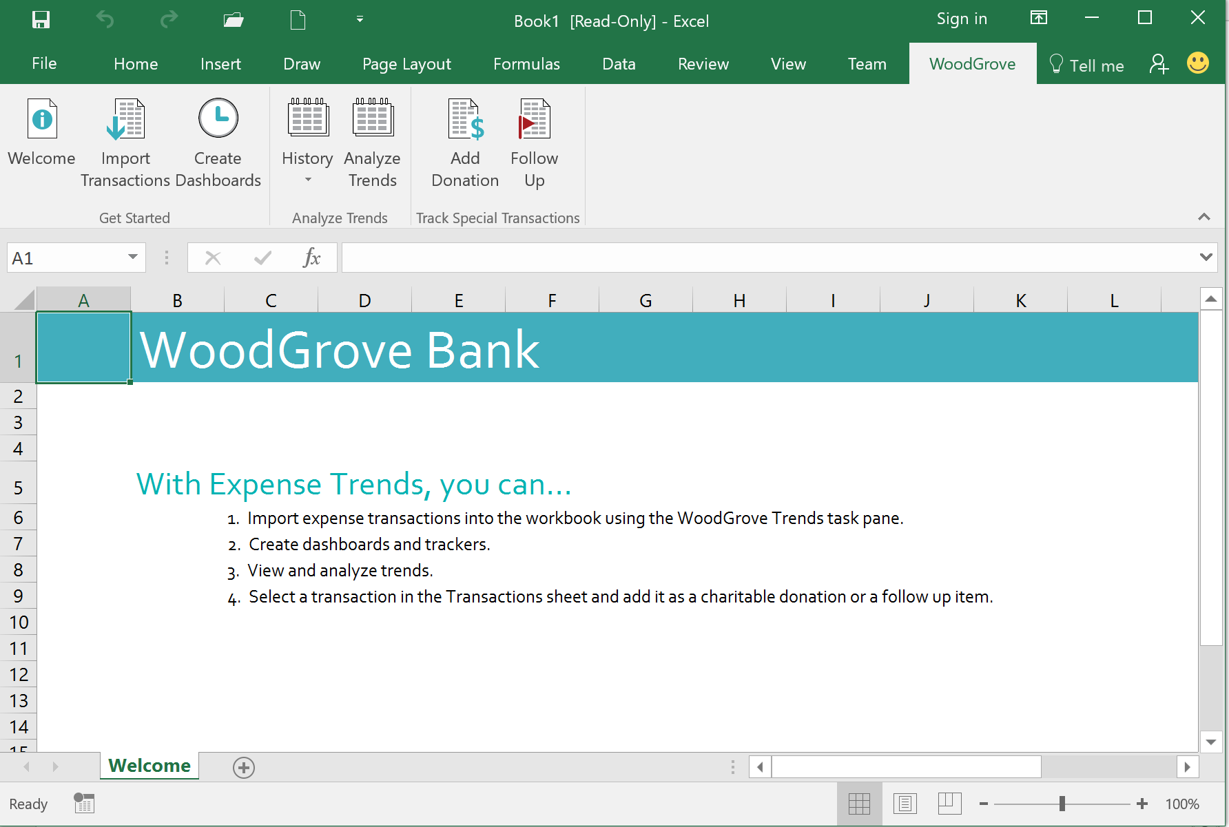 WoodGrove Bank Expense Trends Add-in - Ribbon