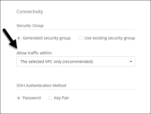A screenshot that shows the Allow Traffic Within option that’s available in the working environment wizard when selecting a security group.