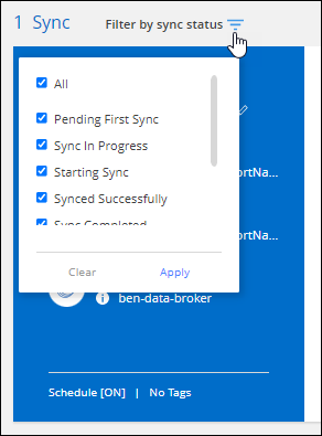 Capture d'écran affichant l'option d'état filtre par synchronisation en haut du tableau de bord.