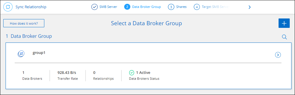Una schermata della procedura guidata di sincronizzazione delle relazioni che mostra la selezione del gruppo di broker di dati.