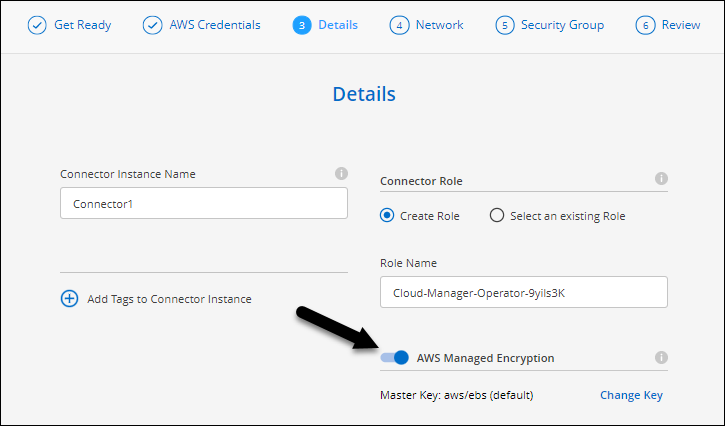 在 AWS 中创建 Connector 时显示磁盘加密选项的屏幕截图。