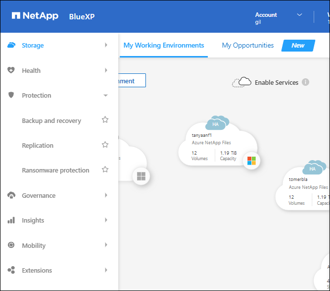 A screenshot of the navigation menu in BlueXP that shows categories such as Storage and Health.