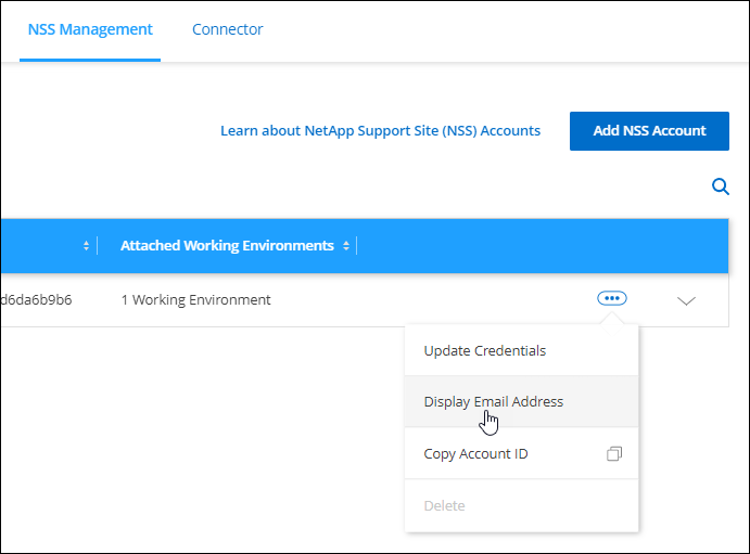 A screenshot that shows the action menu for a NetApp Support Site account which includes the ability to display the email address.