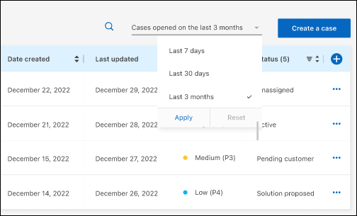 케이스 관리 페이지의 표 위에 있는 옵션 스크린샷으로 정확한 날짜 범위 또는 최근 7일, 30일 또는 3개월을 선택할 수 있습니다.