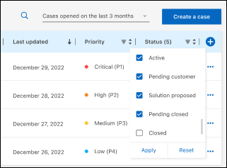 A screenshot of the filter option in the Status column that enables you to filter out cases that match a specific status such as Active or Closed.