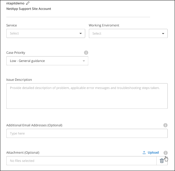 A screenshot of the Create a Case form that enables you to create a case with NetApp Support.