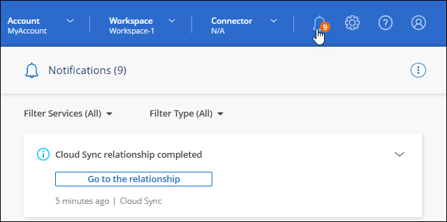 NetApp Consoleの通知センターを示すスクリーンショット。