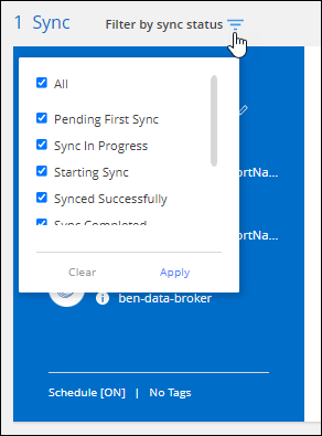 ダッシュボードの上部にある同期ステータスによるフィルター オプションを示すスクリーンショット。