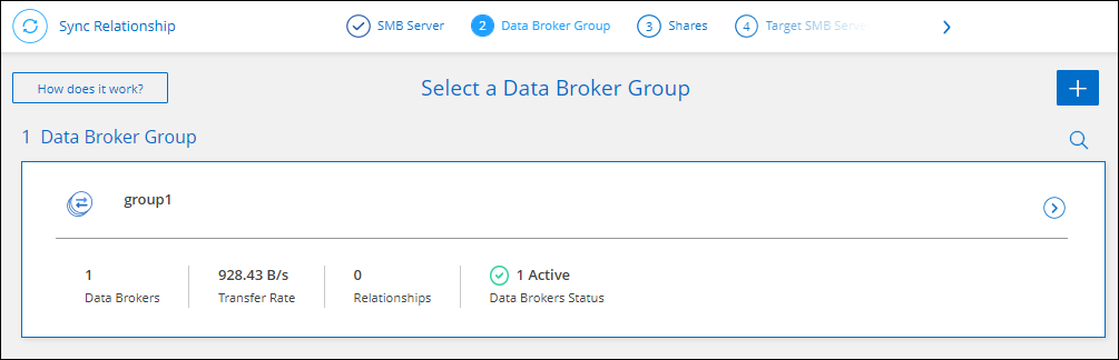 データ ブローカー グループの選択を示す同期関係ウィザードのスクリーンショット。