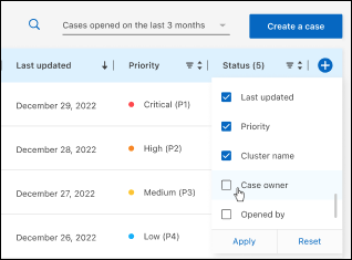 表に表示できる列を示すスクリーンショット。