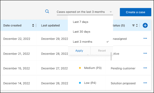 Capture d'écran de l'option au-dessus du tableau de la page gestion des cas qui vous permet de choisir une plage de dates exacte ou les 7 derniers jours, 30 derniers jours ou 3 derniers mois.