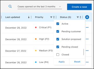 Ein Screenshot der Filteroption in der Spalte Status, in dem Sie Fälle filtern können, die einem bestimmten Status entsprechen, z. B. aktiv oder Geschlossen.