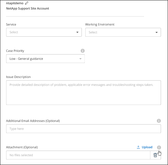 NetApp Support로 케이스를 생성할 수 있는 케이스 생성 양식 스크린샷