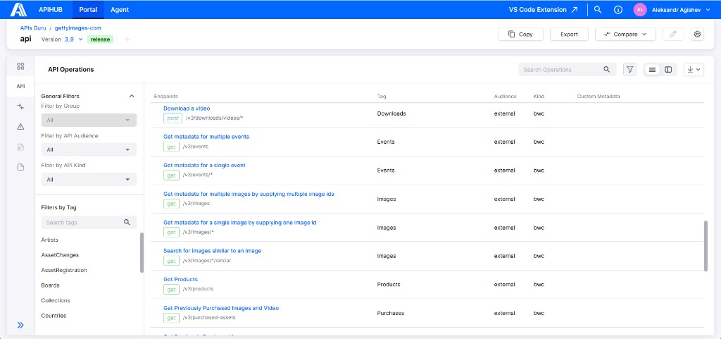Package API operations: filters, tags, methods, paths, audience, and kind