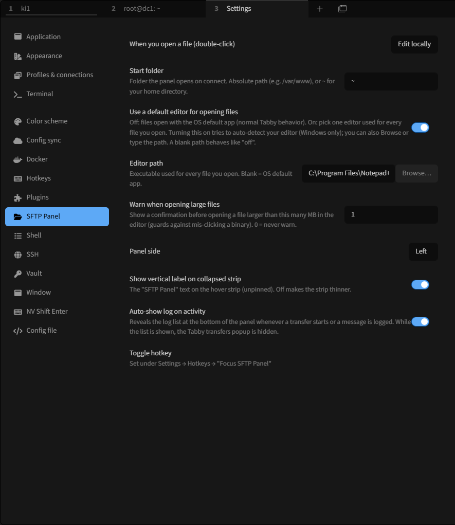 The SFTP Panel settings tab in Tabby