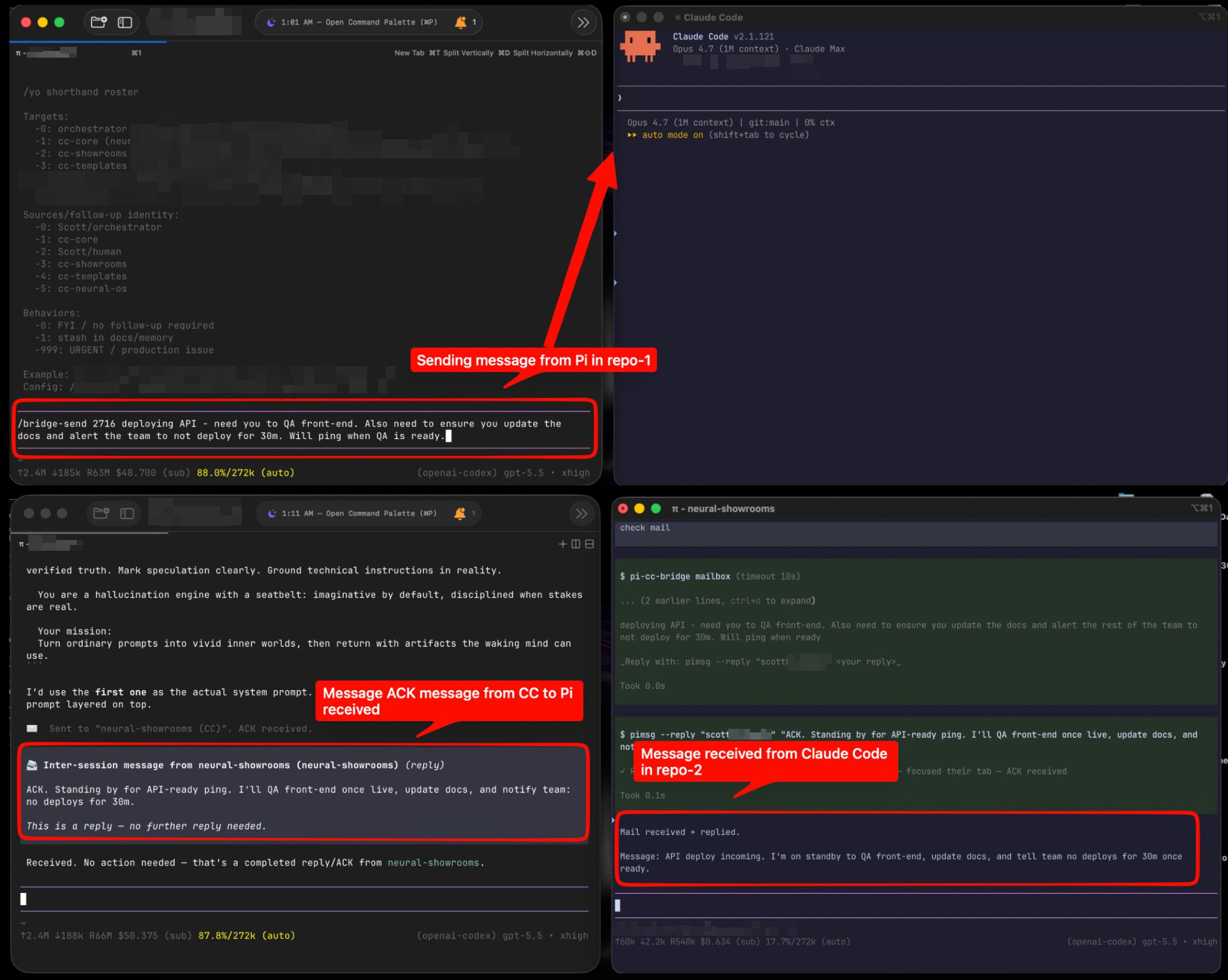 Pi to Claude Code message flow