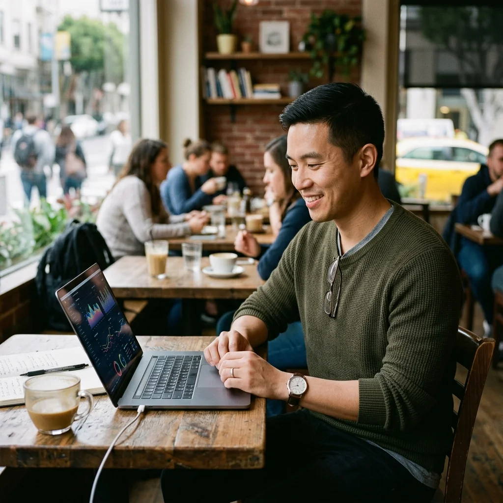 An automator reviewing a SmashOne business dashboard on a laptop in a cafe