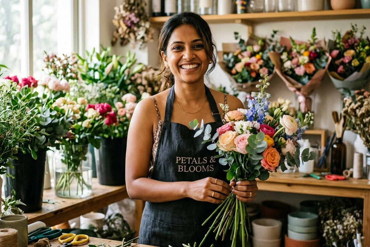 A small-shop florist standing calmly among her flowers, in control of her business.