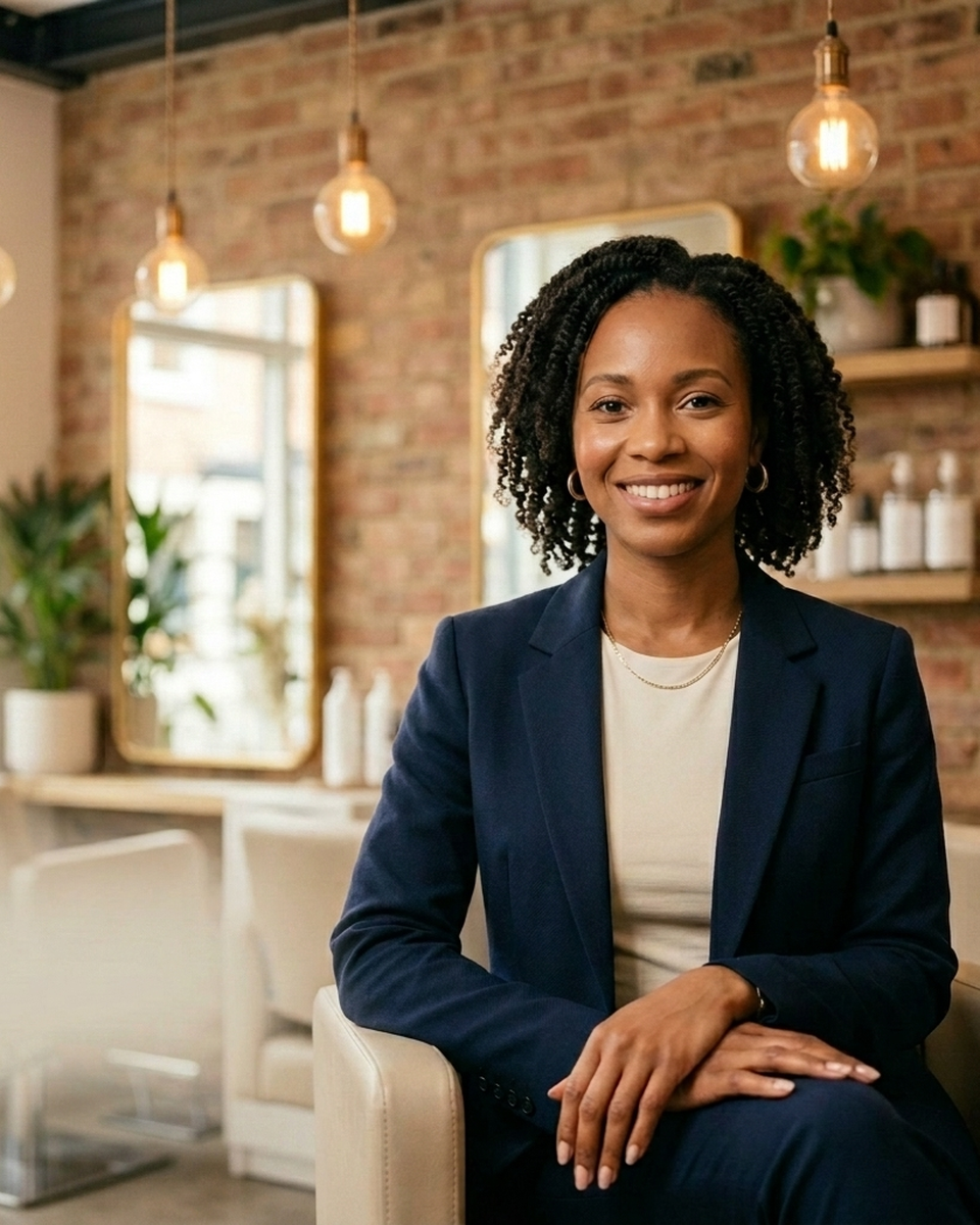 Camille, owner of a European beauty studio, sitting in her salon