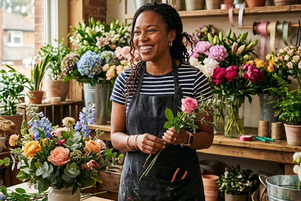 A small-shop florist standing calmly among her flowers, in control of her business.