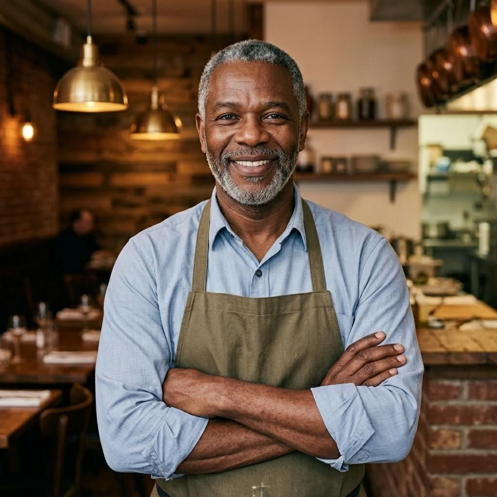 A restaurant owner standing at the pass of his open kitchen.