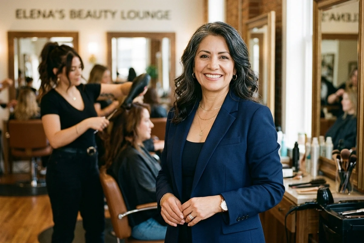 A salon owner smiling in her studio.