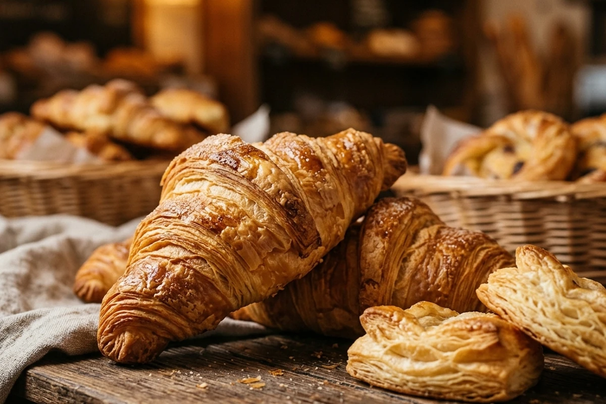 Freshly baked golden croissants and pastries stacked on a rustic wooden counter beside woven baskets.