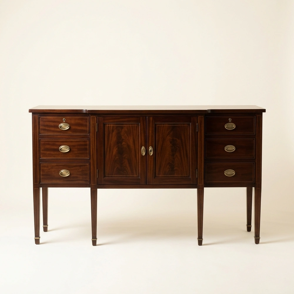 A mahogany sideboard with brass handles.