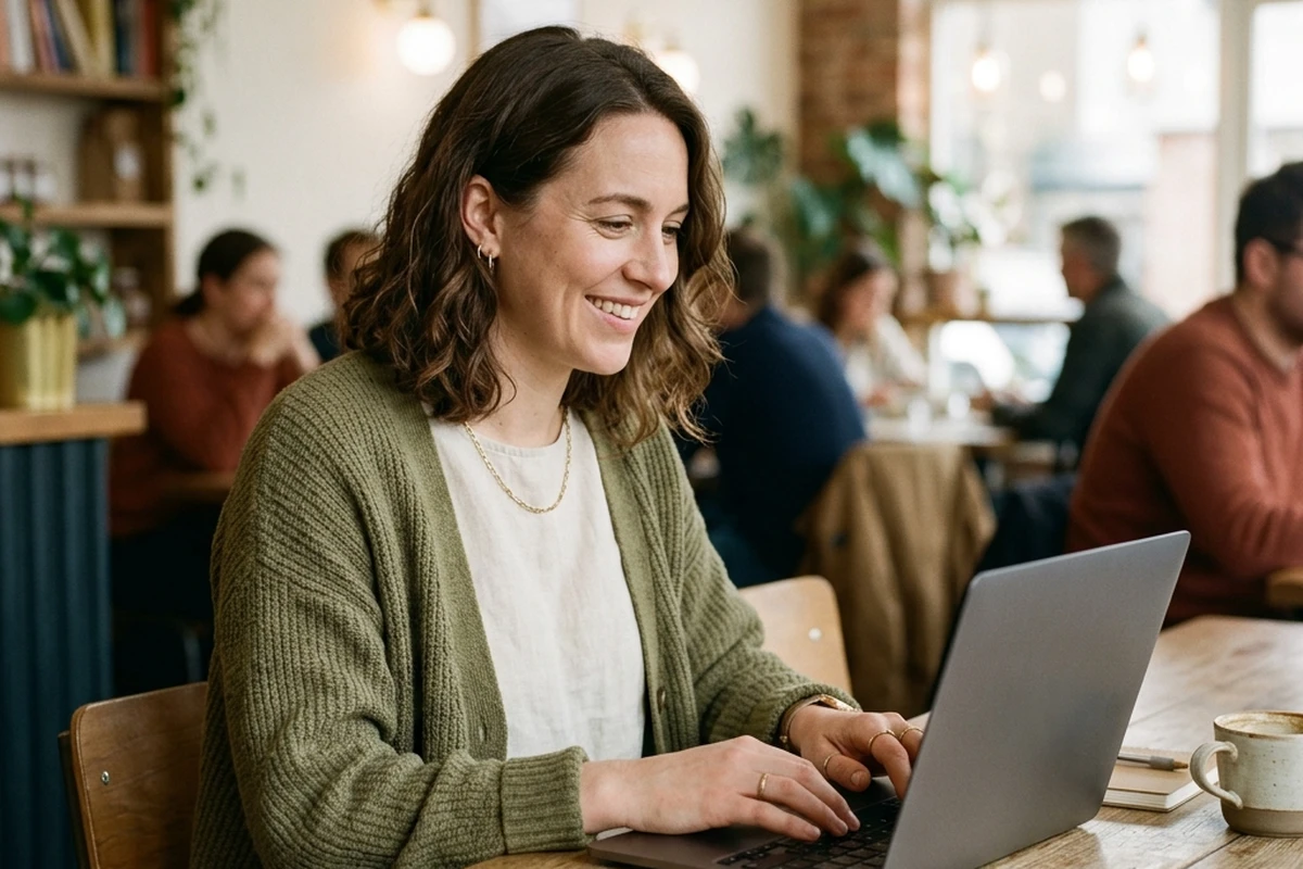 A freelance social-media manager smiling at her laptop in a café.