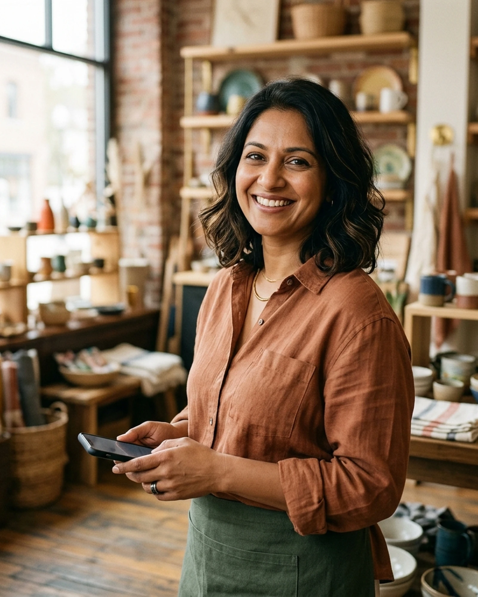 A ceramics-studio owner smiling while holding her phone in her shop.