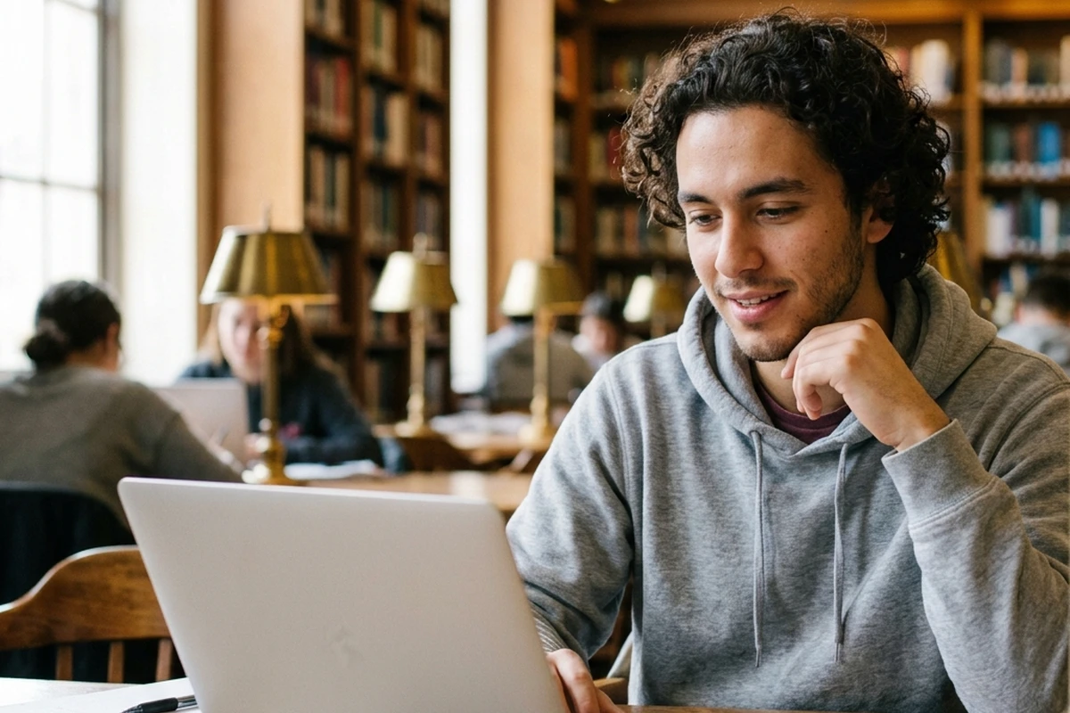 A young marketing student working on a laptop in a library.