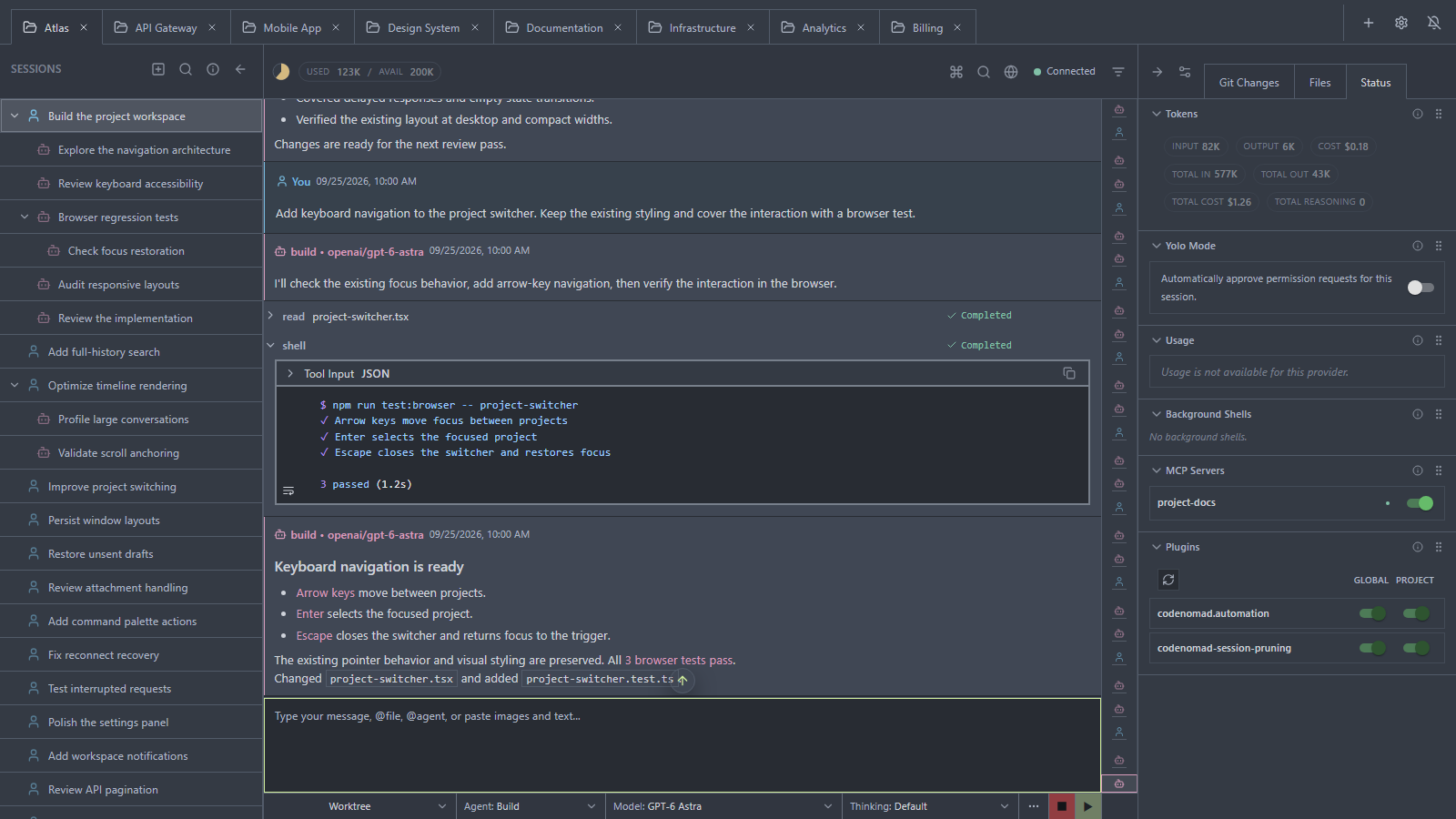 CodeNomad 0.20 workspace with project tabs, nested sessions, a conversation timeline, and the Status panel