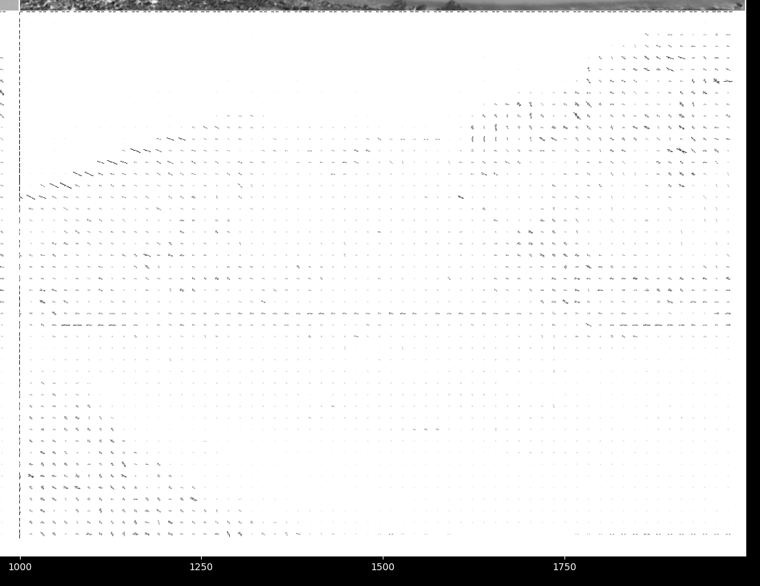 The iltered output of our normalized cross correlation descriptor matching, lines are parrallel as would be intuitively expected for a pair of images suitable for a landscape panorama.