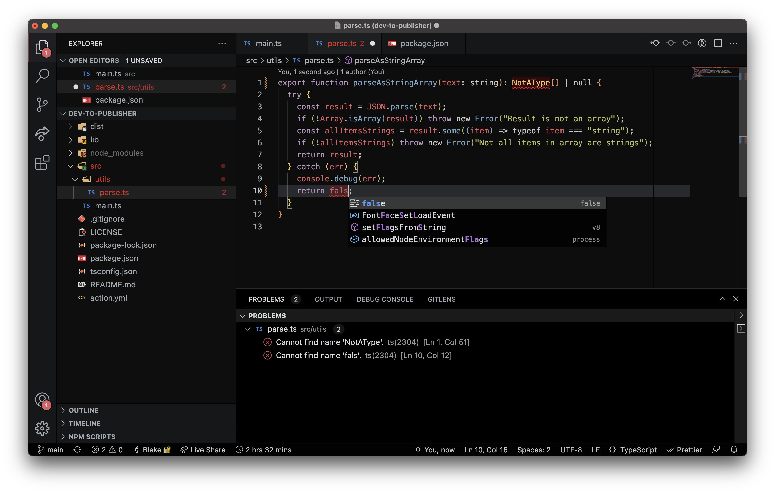 A window of Visual Studio Code. TypeScript code is shown, the respective file being "parse.ts" showing a "parseAsStringArray" method with some intentional errors and the autocompletion menu visible. The full code can be found in the Nevvulo/dev-to-publisher repository on GitHub.