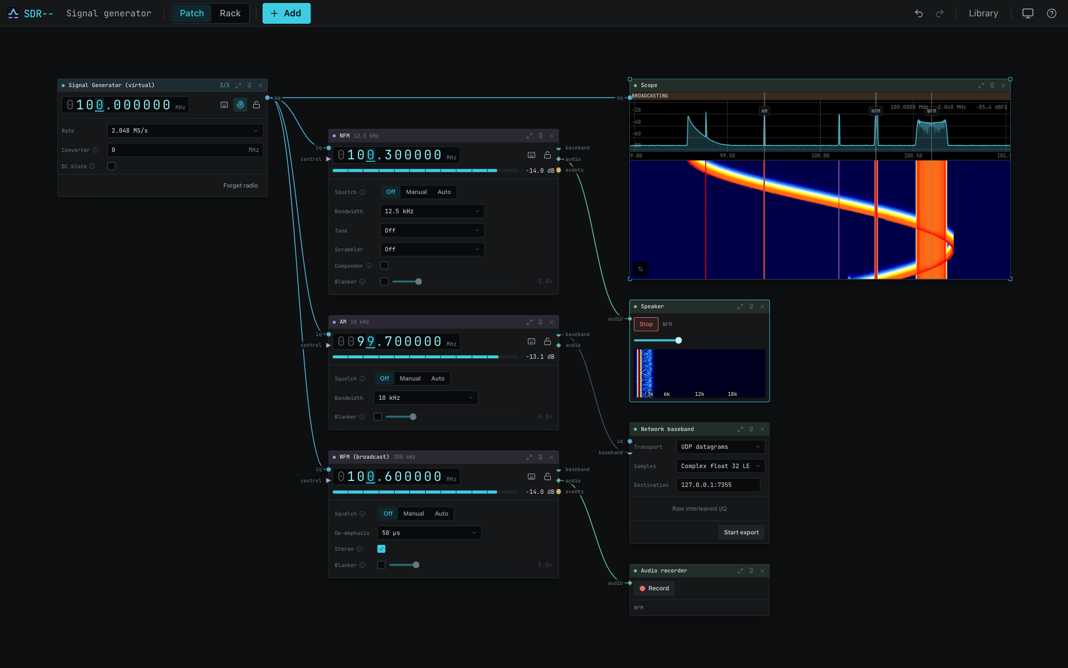 Capture d'écran de la page patch de SDR-- montrant des nœuds reliés visuellement