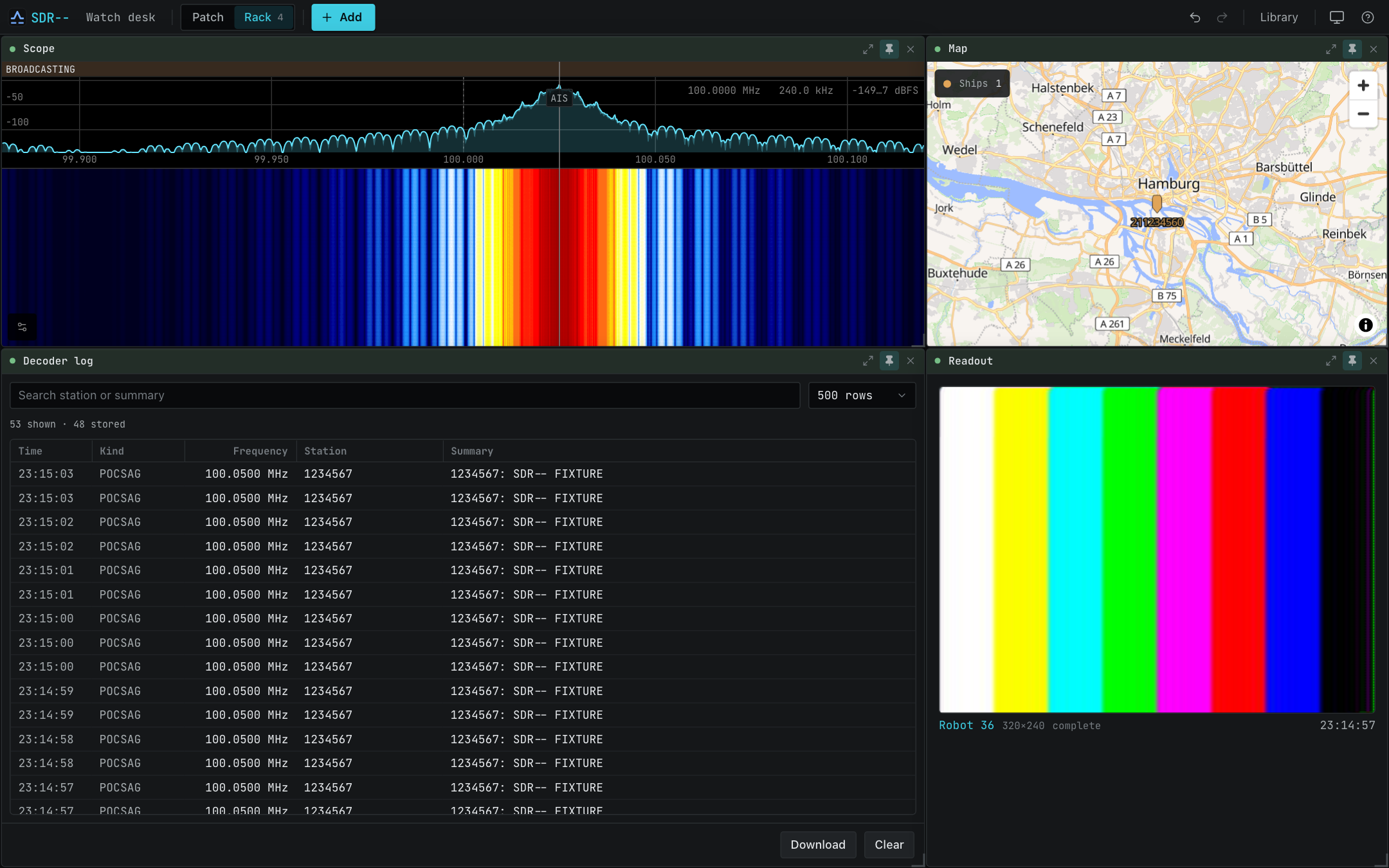 Capture d'écran de la vue rack de SDR-- avec les contrôles épinglés