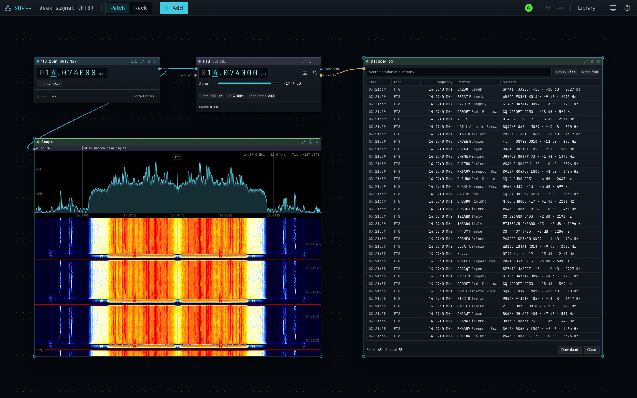 Decoded messages from a recorded 20 m FT8 slot